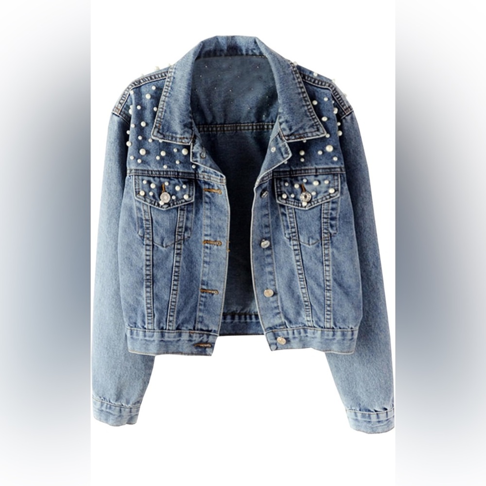 Women Loose Embroidered Pearl Cropped Denim Jacket
